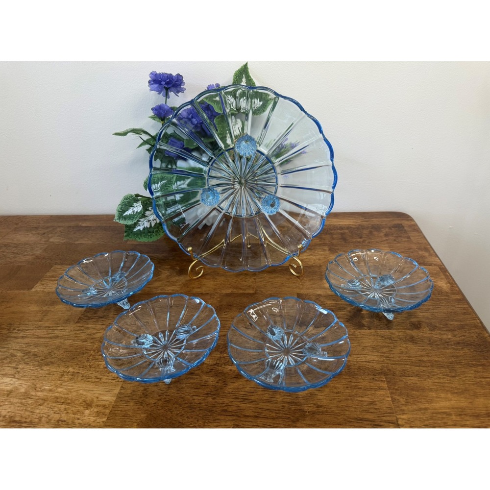 Vintage Blue Pressed Glass Footed Serving Bowl Small Dessert Dishes Retro‎ MCM